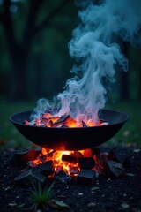 Smoldering coals and smoky fog rising from a wood-fired grill at night, night, outdoor scene, fire
