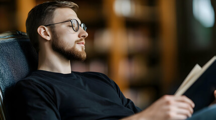 Serene Man With Beard And Glasses Relaxes In Comfortable Chair Reading A Book In Softly Lit Library Setting