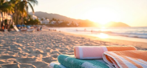 Stacked towels on sandy beach in golden sunset serene seaside vacation holiday relaxation