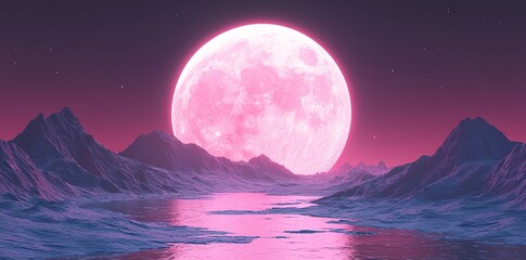 Serene mountains and a calm lake reflect a giant pink moon in a night scene. Perfect for fantasy or sci-fi artwork.