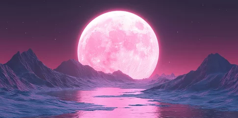 Serene mountains and a calm lake reflect a giant pink moon in a night scene. Perfect for fantasy or sci-fi artwork.