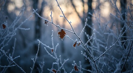 Frosty Twigs and Leaves in Winter Forest with Soft Light