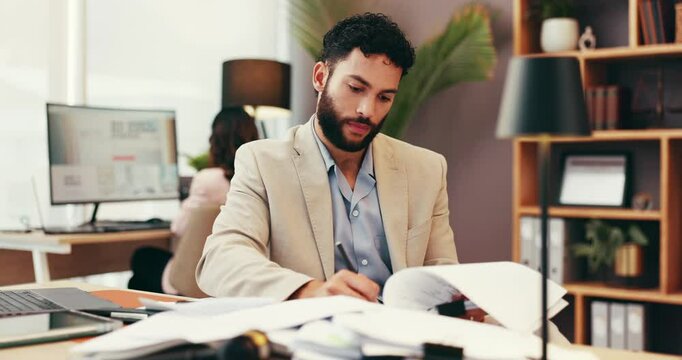 Documents, lawyer and business man in office reading for case study, contract review and policy. Professional, law firm and paralegal with paperwork for information, research and legal strategy