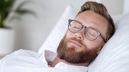 Peaceful man sleeping soundly comfortable restful relaxation wellness sleep calm serenity