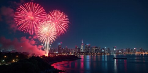 Fototapeta premium Midnight fireworks exploding over a cityscape on New Year's Eve, explosion, night, fireworks