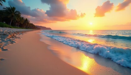 Obraz premium Serene sandy beach at sunset with soft blue ocean waves gently lapping at the shore, sunset, natural beauty