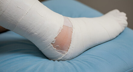 Closeup of a Leg in a White Cast Resting on a Blue Cushion After a Medical Procedure