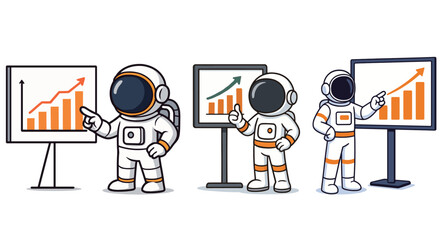Obraz premium Business presentation set with cartoon astronauts. Teamwork, explaining, pointing to chart board, analyzing graph, giving report. Flat vector illustrations isolated on white background.