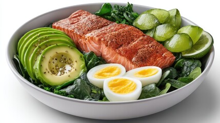 A healthy and delicious meal featu pan-seared salmon fillet served with avocado slices, hard-boiled eggs, spinach, and cucumber in a modern bowl.