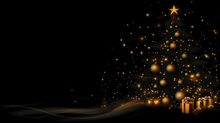 A vector illustration depicting an elegant Christmas tree with gifts under it, decorated with Christmas balls, made of thin dots and lines, with sparkling stars on top, against a background of rich bl
