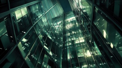 Obraz premium modern glass office buildings, view from below, night