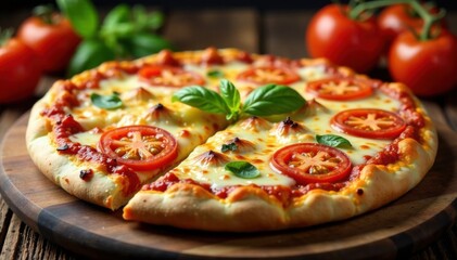 Sizzling pizza with melted cheese and fresh tomatoes on a wooden cutting board, pizza slice, cheese, toppings