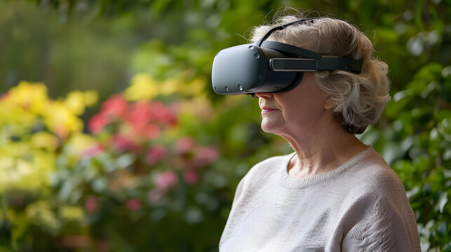 Elderly Woman With Gray Hair Wearing VR Headset Immersed In A Colorful Garden Setting Experience The Future Of Technology