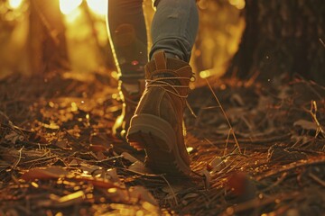 Hikers walking in forest in sunset light