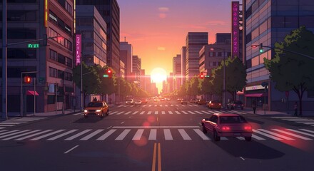 City Street at Sunset with Cars and Buildings Anime Style Illustration