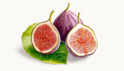 Figs on Leaves, White Background
