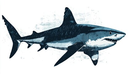 Fototapeta premium Grunge shaped brushed illustration of a Tiger Shark (Galeocerdo cuvier), isolated on white background, in style of vector.