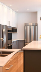 modern kitchen with stainless steel appliances and wood flooring
