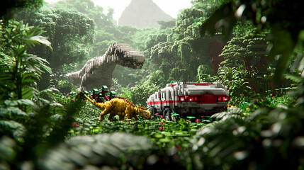 Pixelated Dinosaur and Vehicle in Dense Jungle Environment With Green Foliage and Natural Lighting