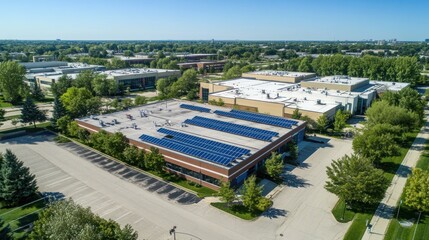 Aerial View of a Commercial Building with Solar Panels