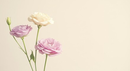 Flowers Arrangement with Pink and Cream Blooms on Beige Background