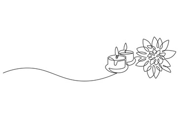 Continuous one line drawing of Candle and Lotus flower. Single line drawing illustration of Lotus flower and candle. Wellness and spa treatment concept vector art. Doodle line illustration.