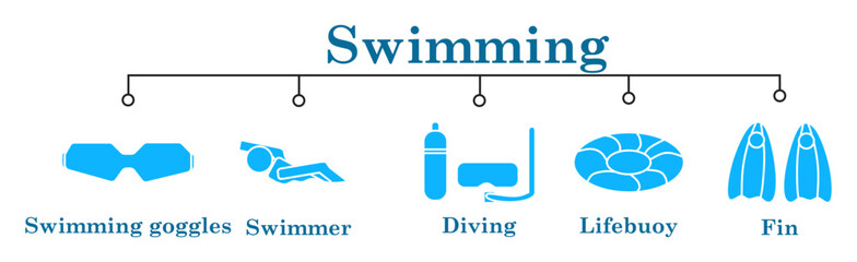 Swimming banner web icon vector illustration concept with icon of swimming goggles,swimmer,diving,lifebouy,fin