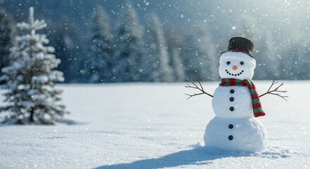 Obraz premium Snowman Smiling in Winter Wonderland with Scarf and Hat