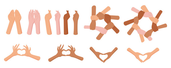 Flat set of heart gestures with diverse bare hand shapes symbolizing k-pop and love. Multicultural and community symbol of solidarity, unity, care. Creative art for cultural, social, charity themes,