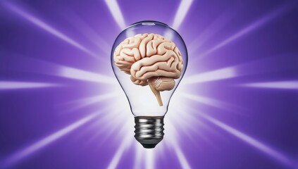 3D render of human brain inside light bulb with purple background and glowing rays, symbolizing intelligence, creativity, innovation, smart thinking, mental power, and futuristic science concept.