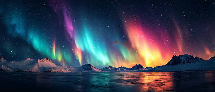 Northern Lights with vibrant greens, purples, and blues dancing across a starry sky