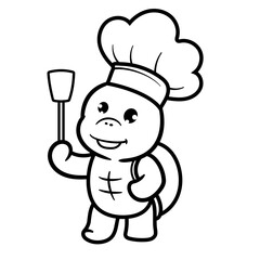 Outline Turtle Cooking Cheaf cartoon character kawaii sticker doodle collection, turtle outline coloring page or book animals for kindergarten, Vector line art set of animals wildlife.