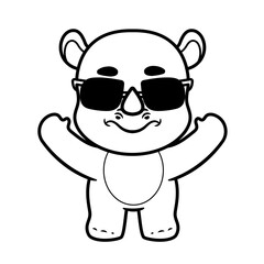 Hand drawing Cute Rhino Cool hand Up Cartoon Vector Icon Illustration. Animal Nature Icon Concept coloring page for kids. Funny animal outline illustration. Flat Cartoon Style