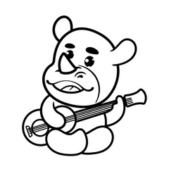 Hand drawing Cute Rhino Playing Guitar Cartoon Vector Icon Illustration. Animal Nature Icon Concept Isolated Premium Vector. Flat Cartoon Style