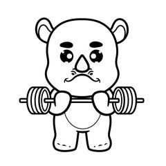 Hand drawing Cute Rhino do sports gym Cartoon Vector Icon Illustration. Animal Nature Icon Concept coloring page for kids. Funny animal outline illustration. Flat Cartoon Style
