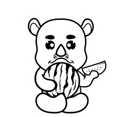 Hand drawing Cute Rhino Eat Watermelon Cartoon Vector Icon Illustration. Animal Nature Icon Concept Isolated Premium Vector. Flat Cartoon Style