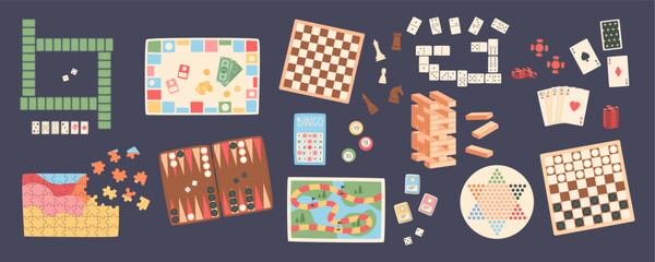 Flat style boardgame set with various pieces. Includes puzzle, table games, cards, chess, domino, mahjong, and jenga blocks. Perfect for entertainment, family fun, and leisure concepts. © moonnoon