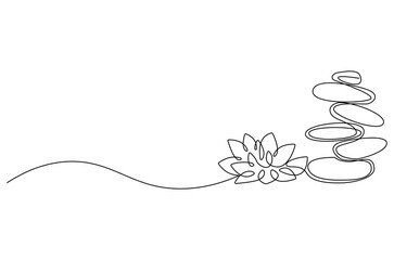 Continuous one line drawing of Stones and Lotus flower. Single line drawing illustration of Lotus flower and Stone. Wellness and spa treatment concept vector art. Doodle line illustration.