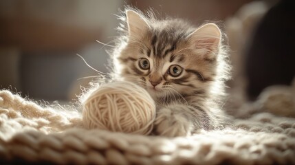 Adorable kitten playing with wool ball on a cozy blanket in a warm sunlight