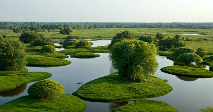 Serene aerial view over lush green islands and reflective rivers in tranquil landscape