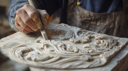 Stonemason carving intricate designs on a granite slab. Featuring traditional craftsmanship