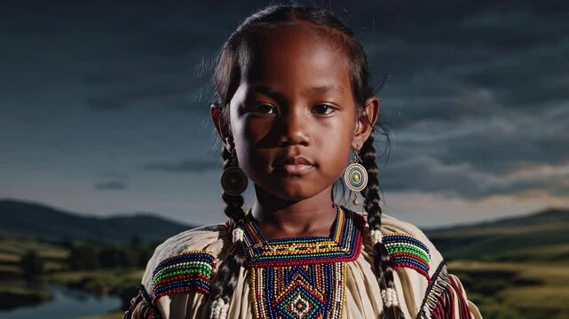 Portrait of a small Indigenous girl wearing traditional Cherokee attire. She stands confidently in a natural landscape with rolling hills and a dramatic sky. Native American heritage