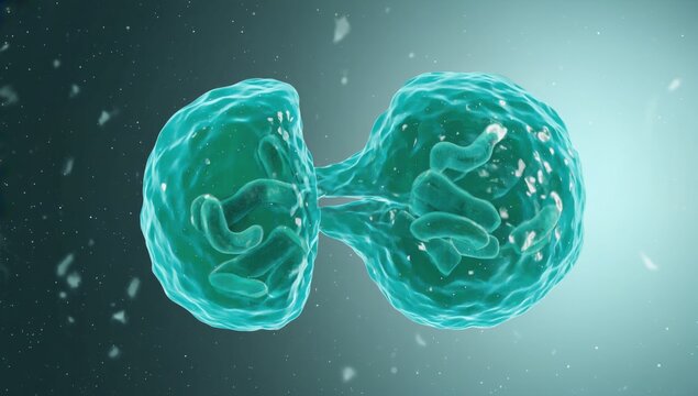 3d rendering of biological cell division under microscope showing splitting process and internal structures – scientific visualization of mitosis, microbiology, and cellular biology in high detail.