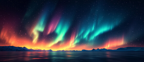 Northern Lights with vibrant greens, purples, and blues dancing across a starry sky