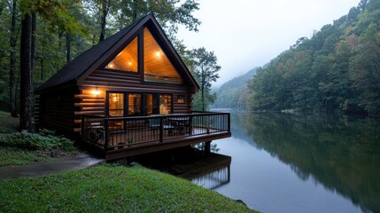 Fototapeta premium Cozy lakeside cabin wooden house retreat peaceful nature vacation rental