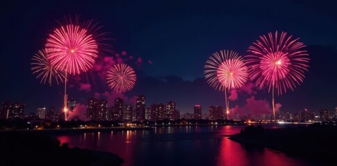 Midnight New Year Eve fireworks display over a cityscape, Confetti, Fireworks, Night Sky