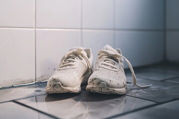 modern dirty running footwear on the bathroom floor