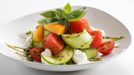 A refreshing summer fruit salad featu watermelon, cantaloupe, zucchini, mozzarella, cherry tomatoes and basil served on a white plate with a pesto drizzle.