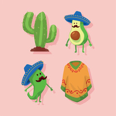 Flat vector illustration of Mexican-themed cartoon characters including a cactus, chili pepper, avocado with sombreros, and a traditional poncho, representing Mexican culture in a fun and festive styl