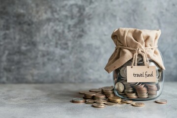 Travel fund savings glass jar full of coins investment concept financial planning future goal